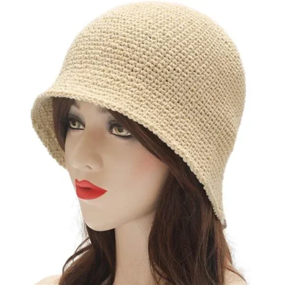 Women Winter Crochet Bucket Hat Solid Beige